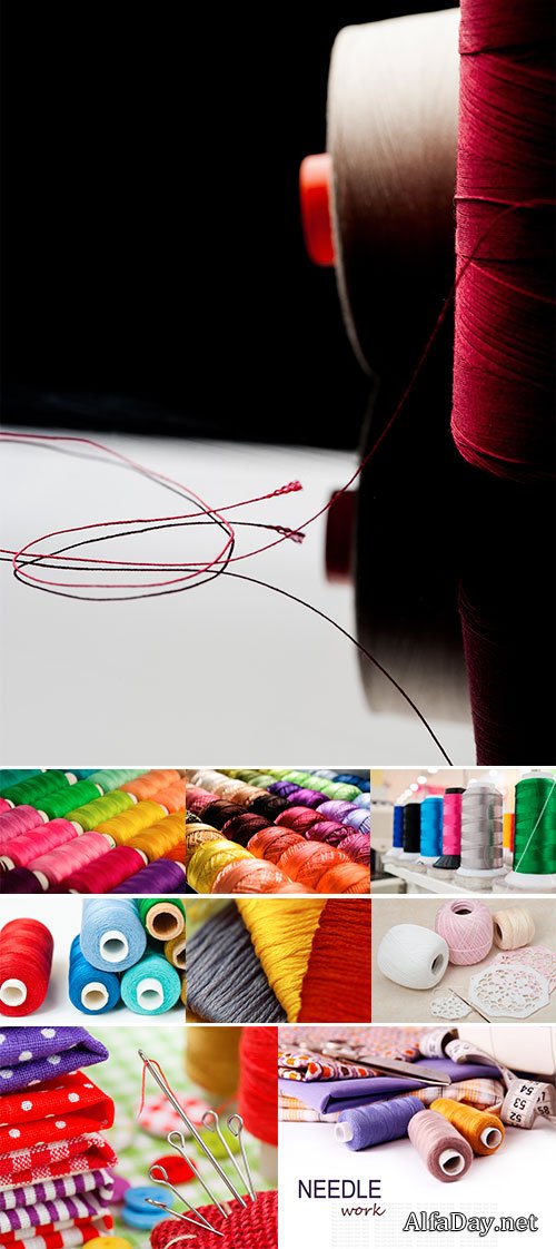 Stock Photo Composition with tailor needles and threads over white background