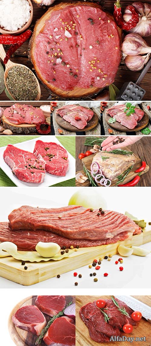  Raw beef steak with spice on wooden plate and wooden background 