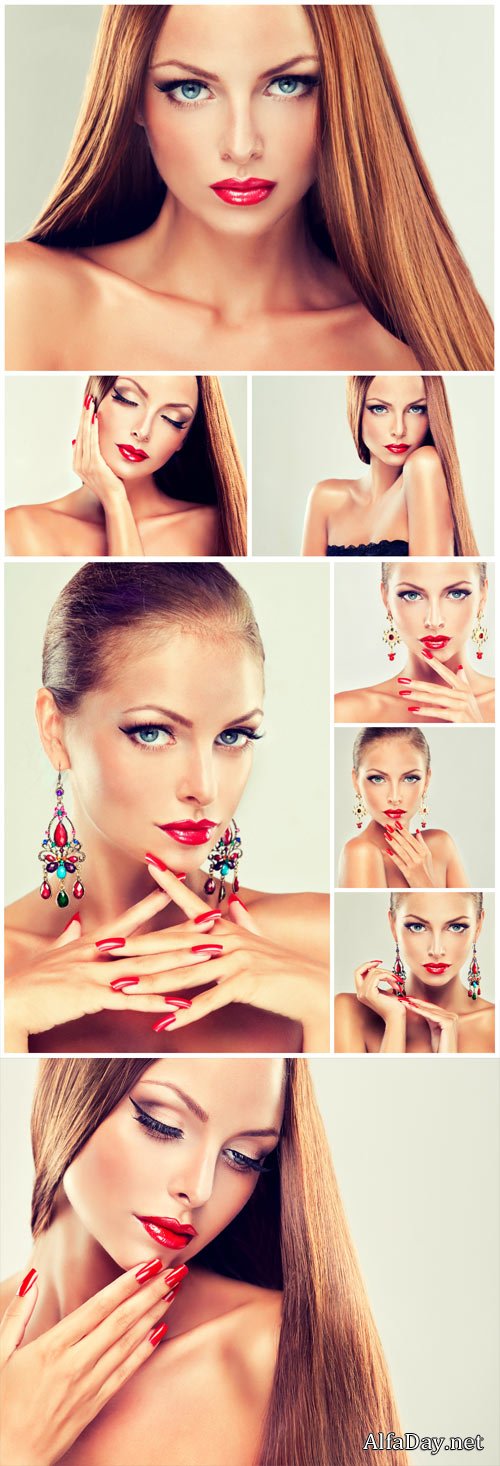 Beautiful girl in earrings, stylish makeup - stock photos