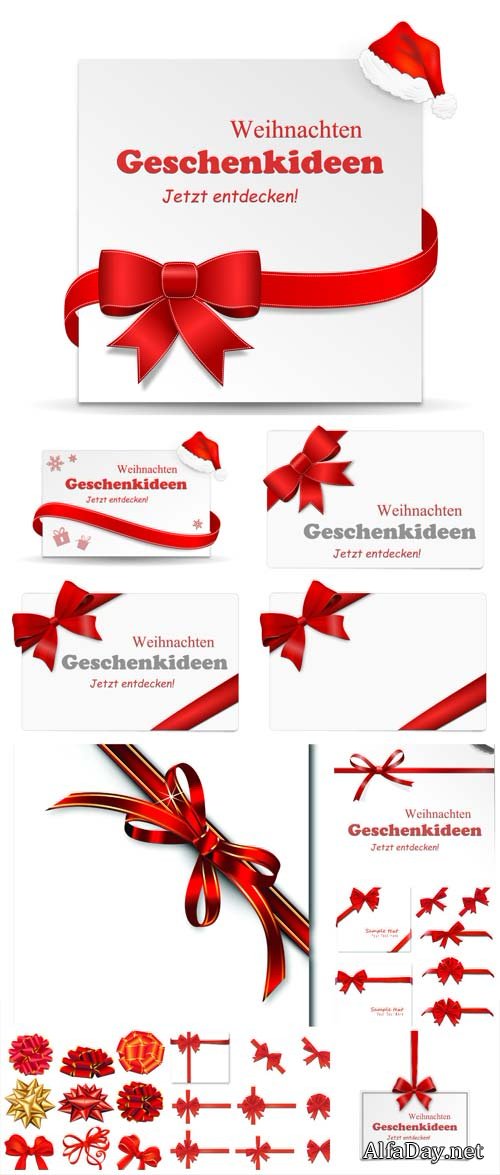Holidays white cards with red ribbons, vector