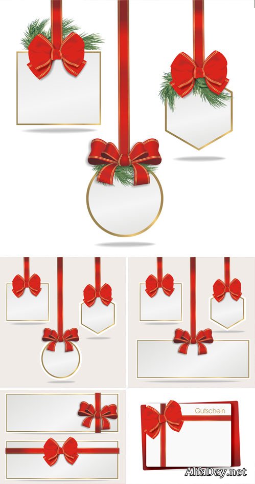 Holidays white cards with red ribbons, vector #2