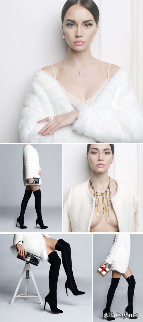 Girl in a white fur coat and black boots - stock photos