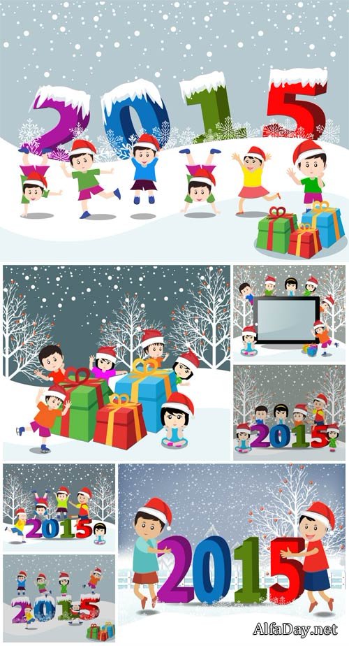 Children and new year 2015, winter vector background