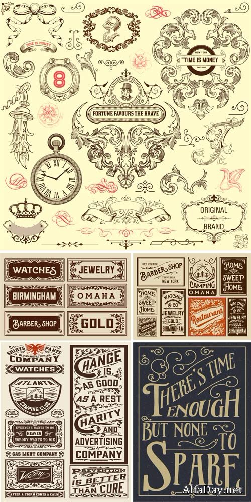 Vintage decorative elements, original designs, labels