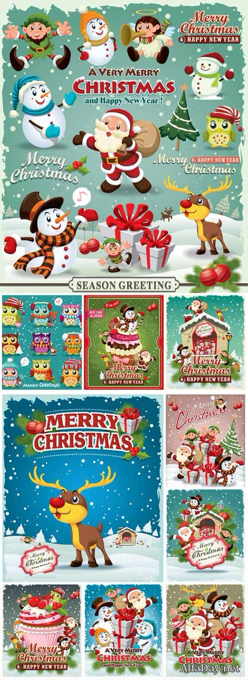Christmas and New Year, vector background with Santa, snowman and animals