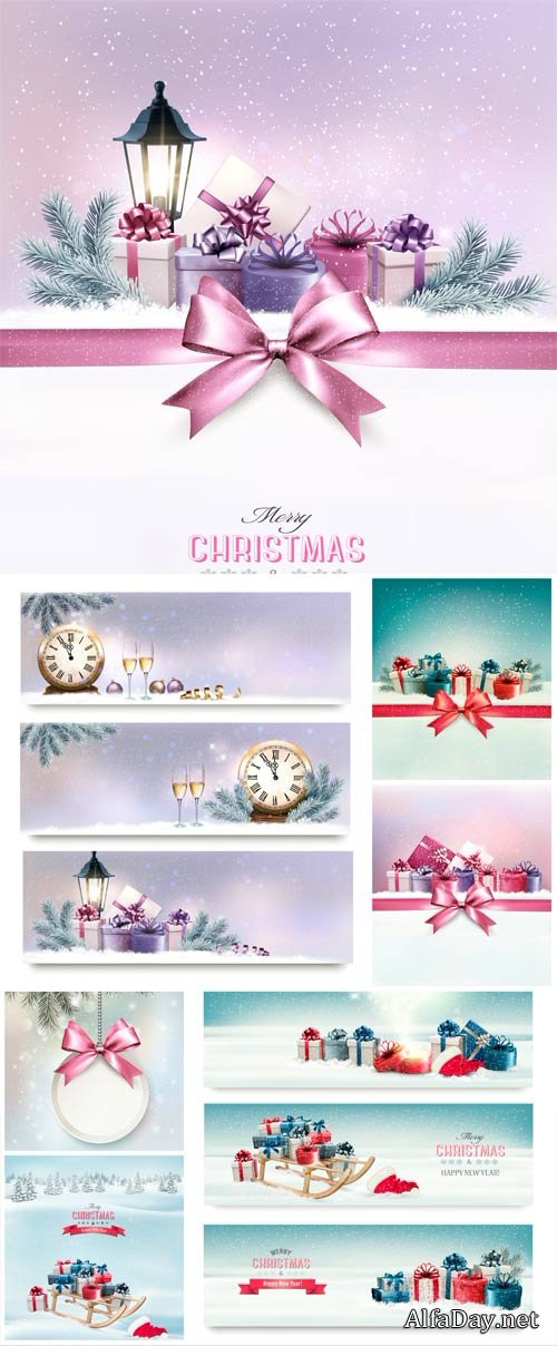 Christmas and New Year, vector backgrounds with chimes and champagne