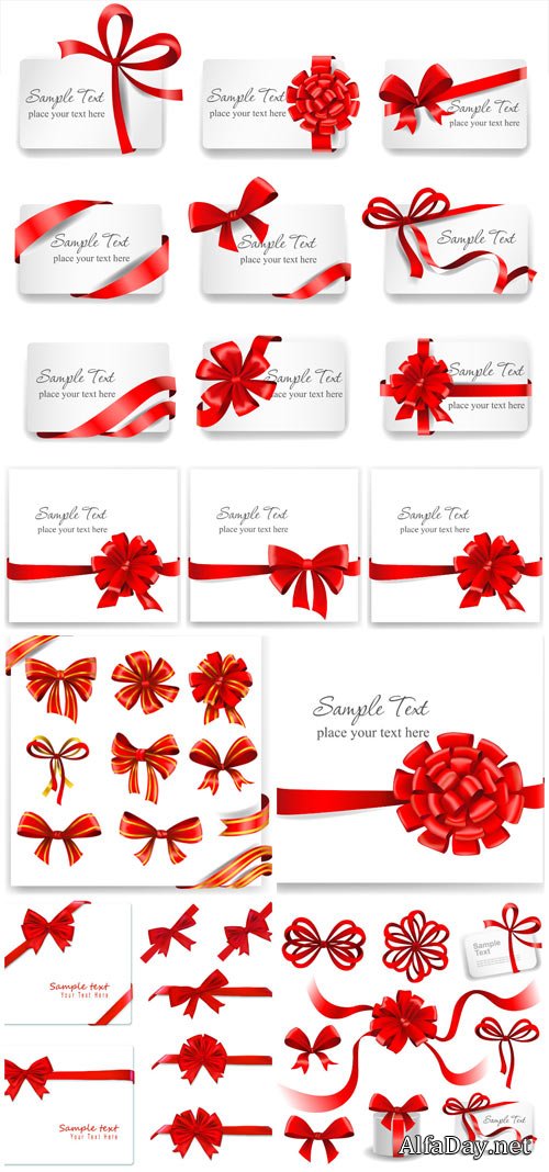 Cards with red ribbons, holiday vector backgrounds