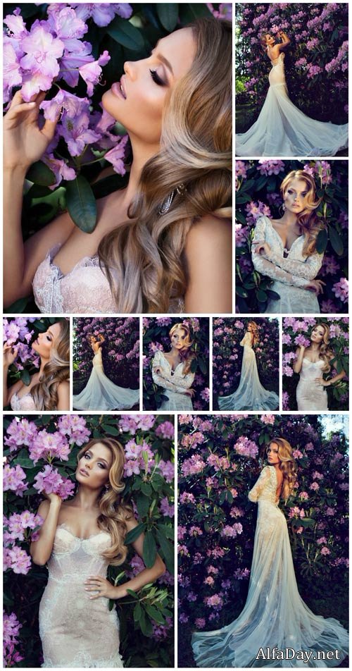 Beautiful bride in the flowered garden - stock photos