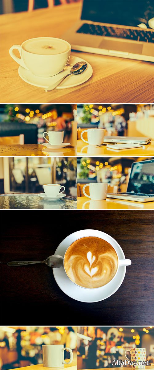 Stock Photo Coffee cup on wooden table in coffee shop cafe, Vintage effect style pictures