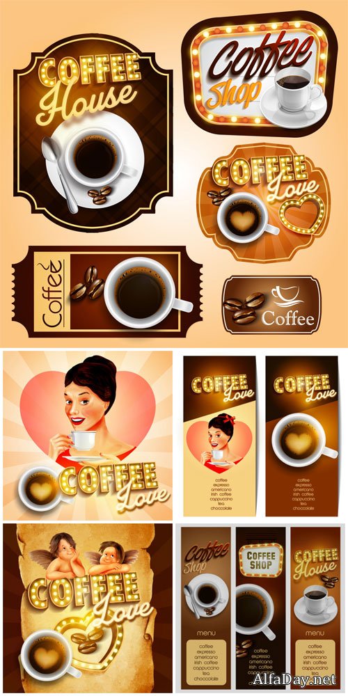 Coffee, labels and backgrounds vector