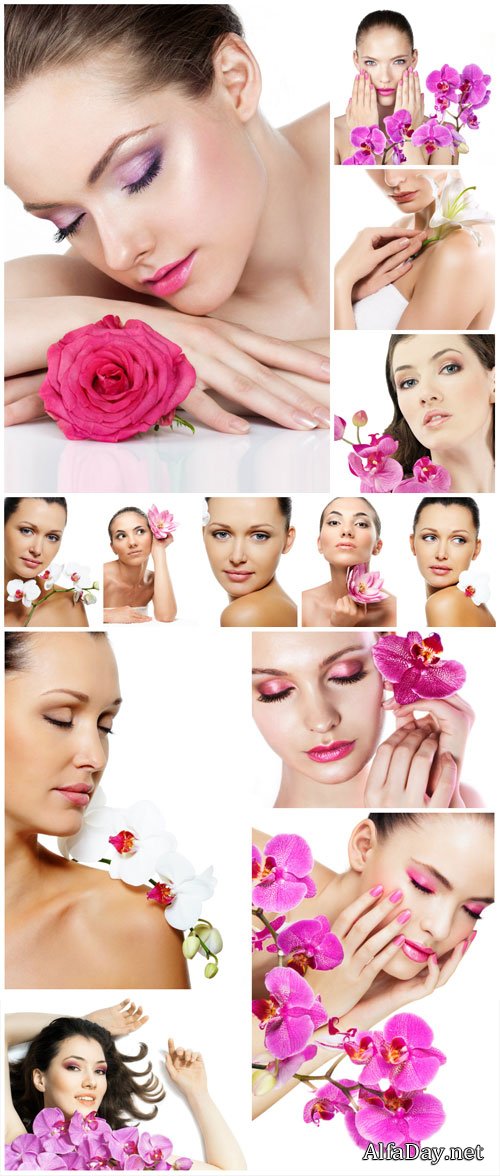 Girl with flowers, orchids - stock photos
