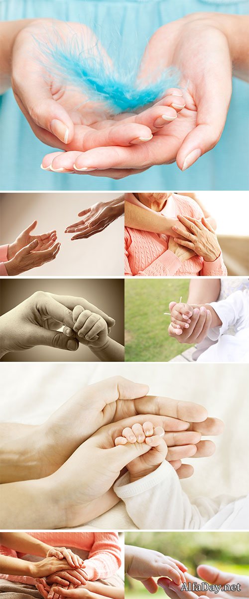 Stock Photo Old and young holding hands on light background, closeup
