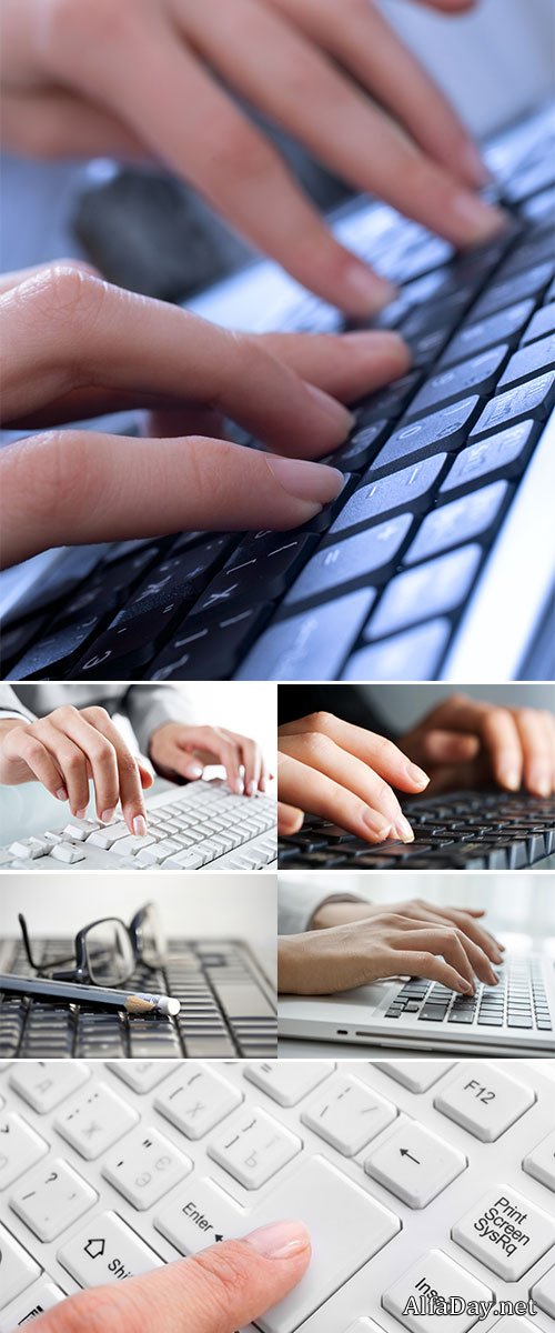 Stock Photo Female hand typing on keyboard, macro view