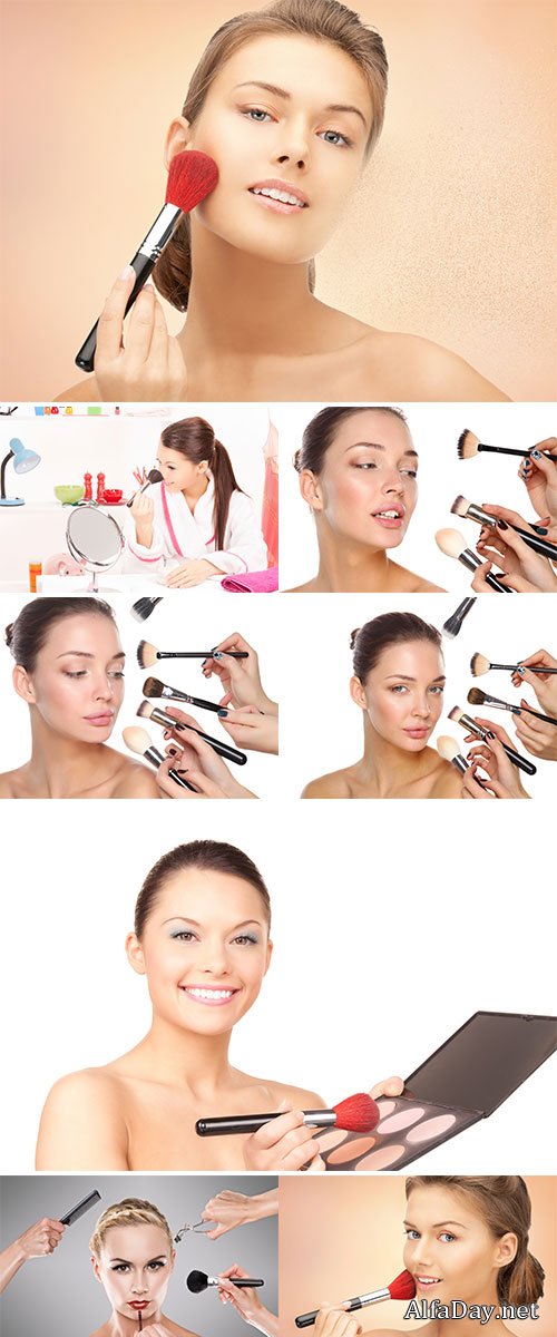 Stock Photo Closeup portrait picture of beautiful woman with brushes