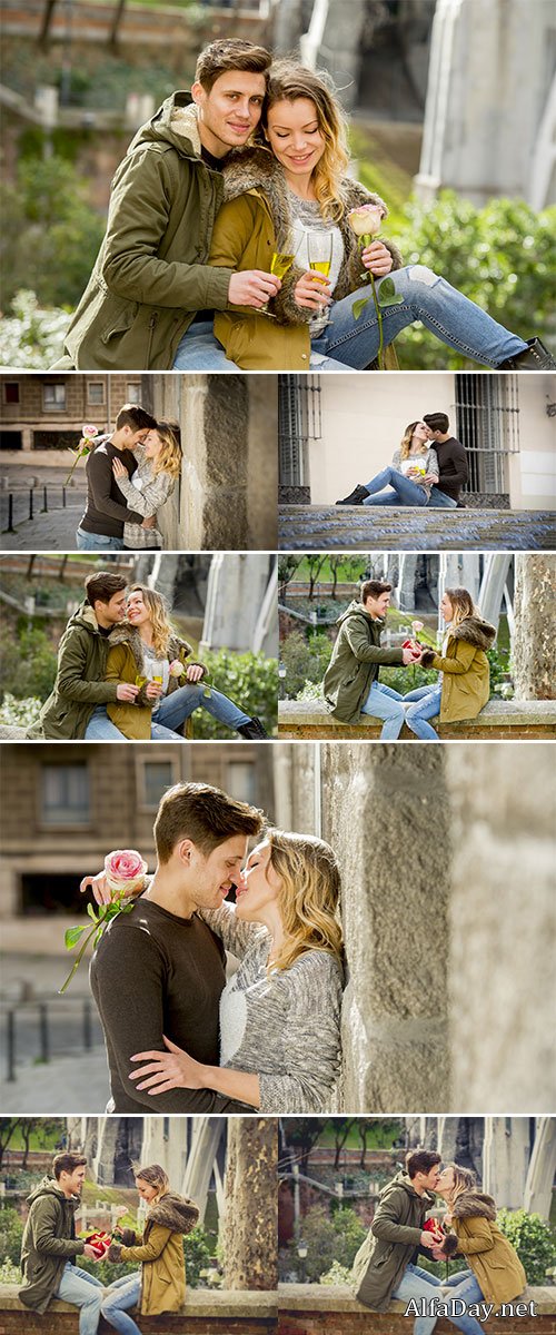 Stock Photo Couple in love kissing tenderly on street celebrating Valentines day