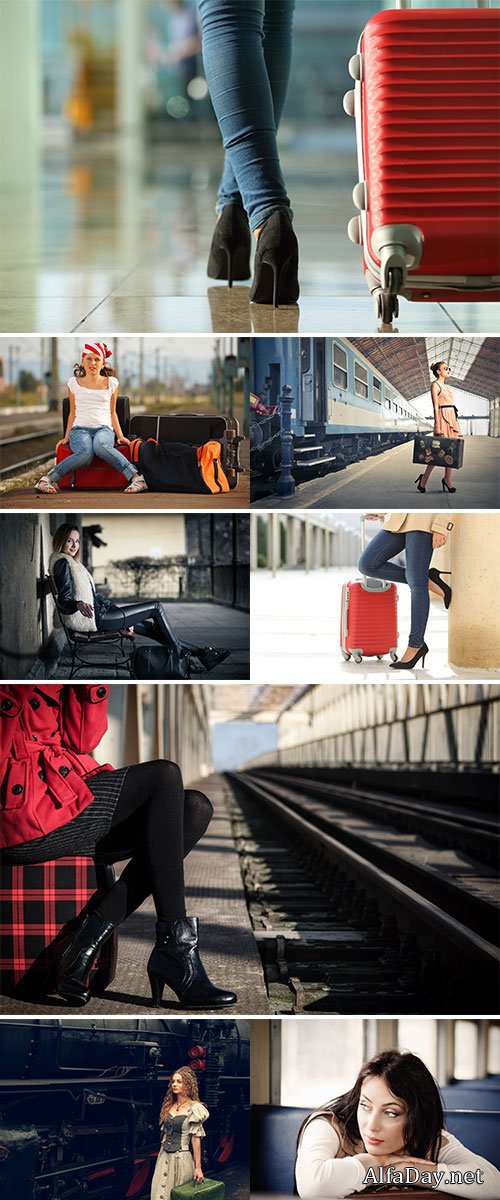Stock Photo Girl at the train station with suitcases