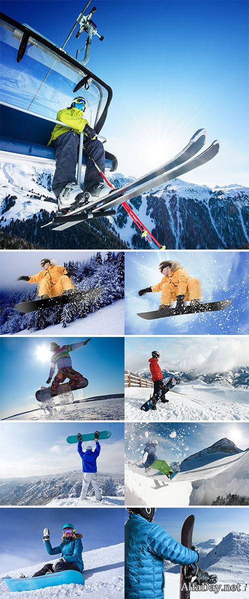 Stock Photo Male snowboarder against panoramic winter mountains background