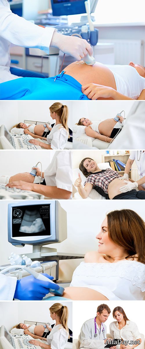 Stock Photo Close-up of hands and abdominal ultrasound scanner for pregnant women