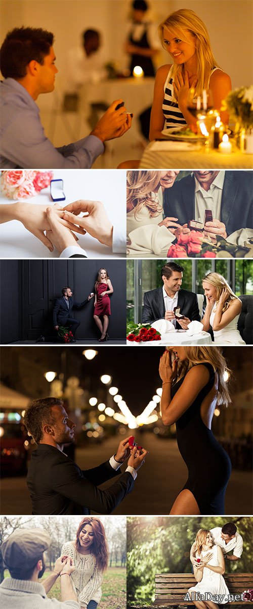 Stock Photo Man holding box with ring making propose to his girlfriend