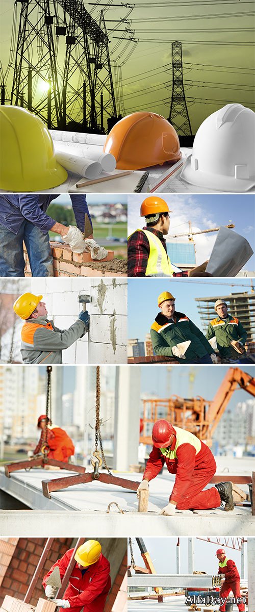 Stock Photo Construction mason worker bricklayer making a brickwork with trowel and cement mortar
