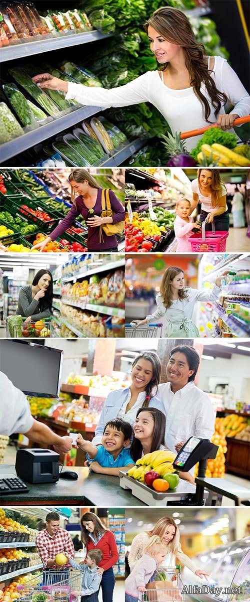 Stock Photo Happy people grocery shopping at the supermarket