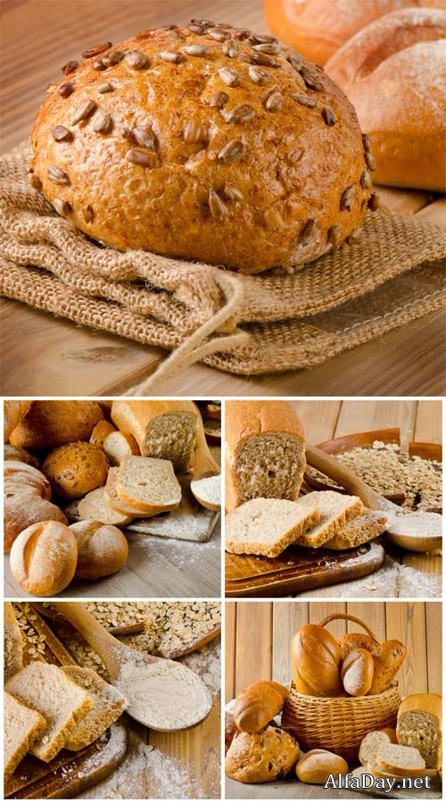 Fresh bread, basket with bakery products - stock photos