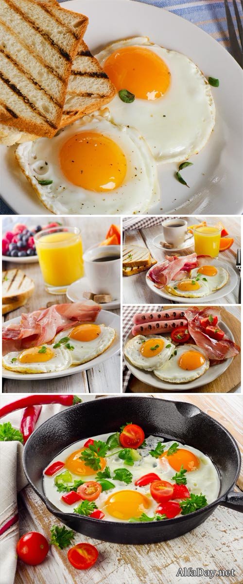 Fried eggs with sausage and toast, breakfast - stock photos