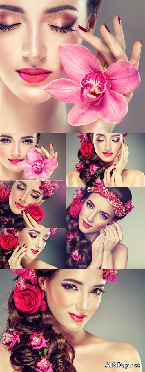 Beautiful girl with orchids and roses - stock photos