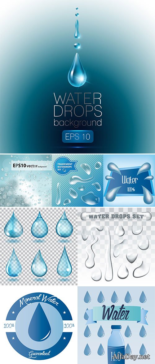 Stock water drops realistic set isolated, vector illustration