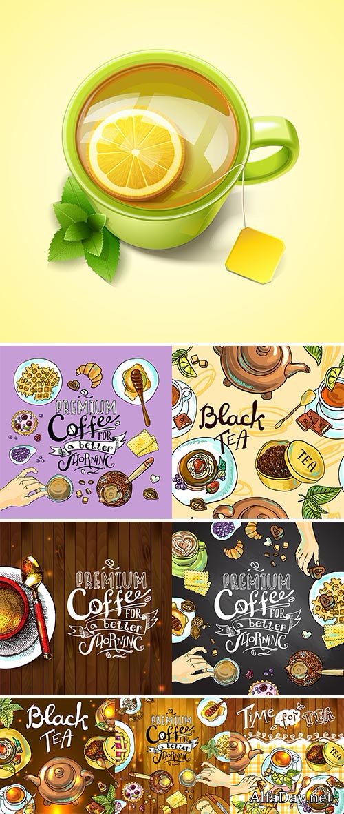 Stock Hand-drawn beautiful tea and coffebackground