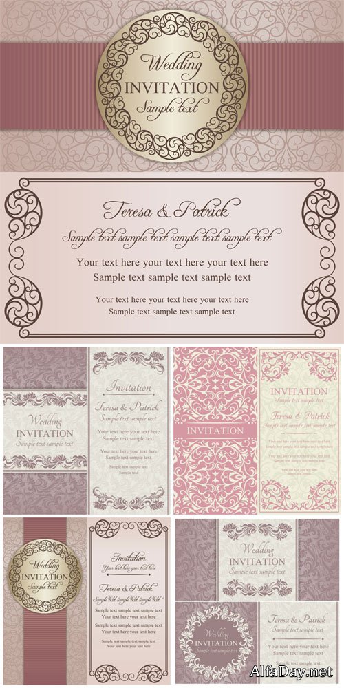 Wedding invitation vector, vintage background with patterns