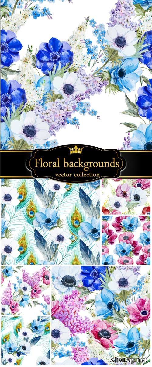 Vector background with flowers and peacock feathers