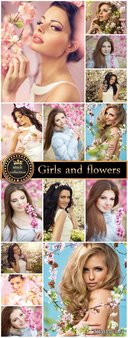 Girl and spring flowers, blooming garden - stock photos