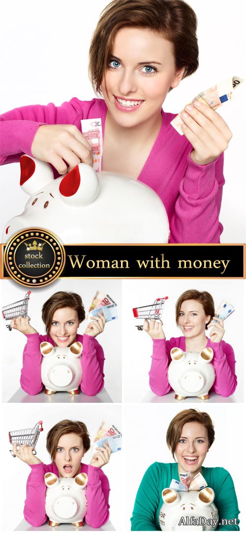 Woman with money and piggy bank - Stock Photo