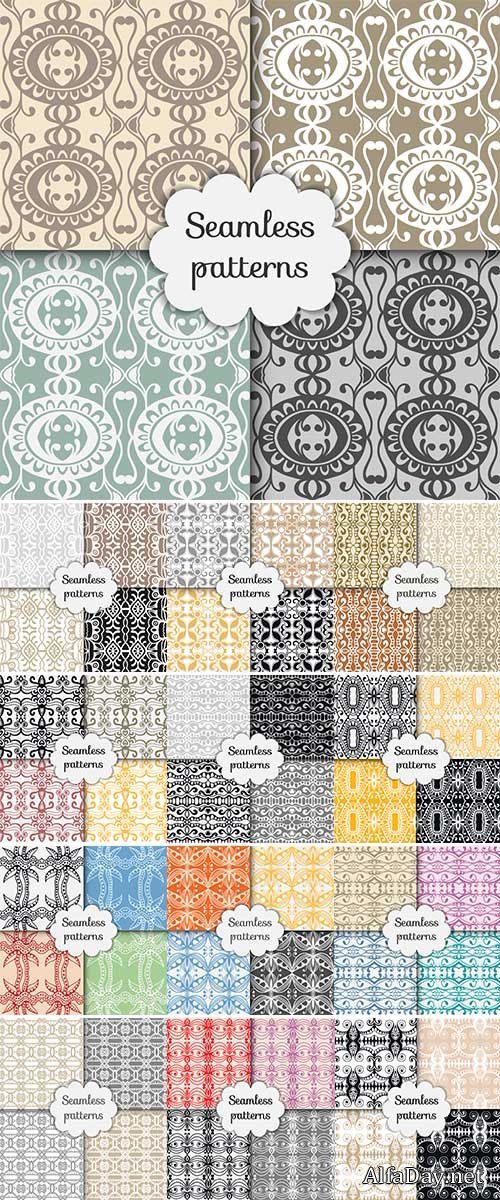 Stock Vector seamless patterns set, hand drawn line art, Geometric stylish background