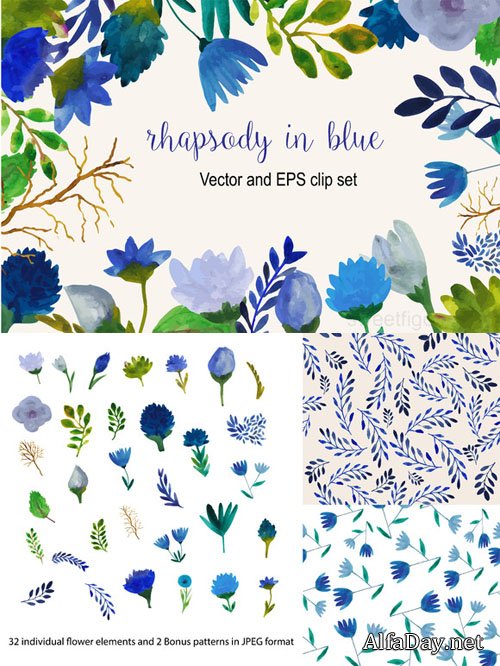 Watercolor blue flower vector set - Creativemarket 222844