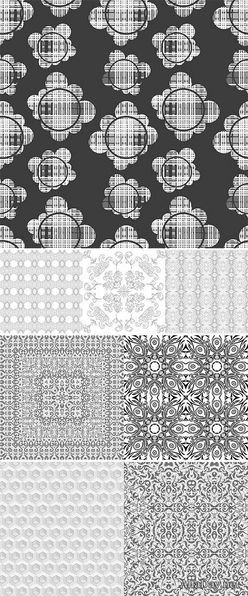 Vector Abstract seamless background with grey symbolical floral patterns on white