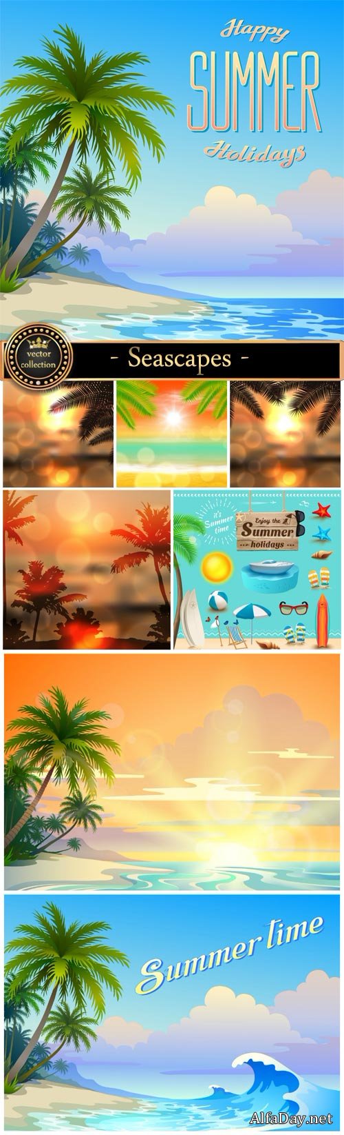 Seascapes, vector backgrounds with palm trees