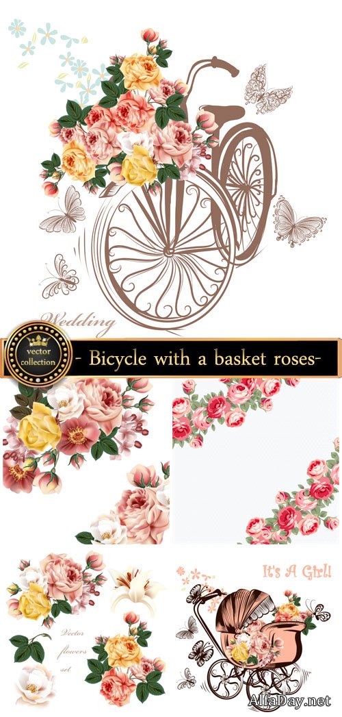 Bicycle with a basket, roses and butterflies, vector backgrounds