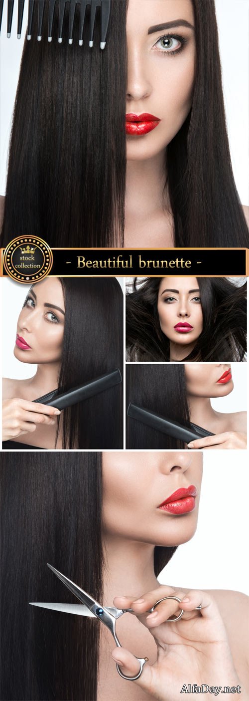 Beautiful brunette and hair care - stock photos