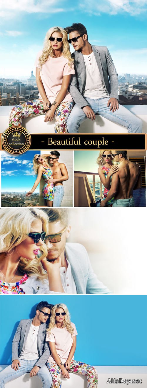 Beautiful couple on city background - Stock photo