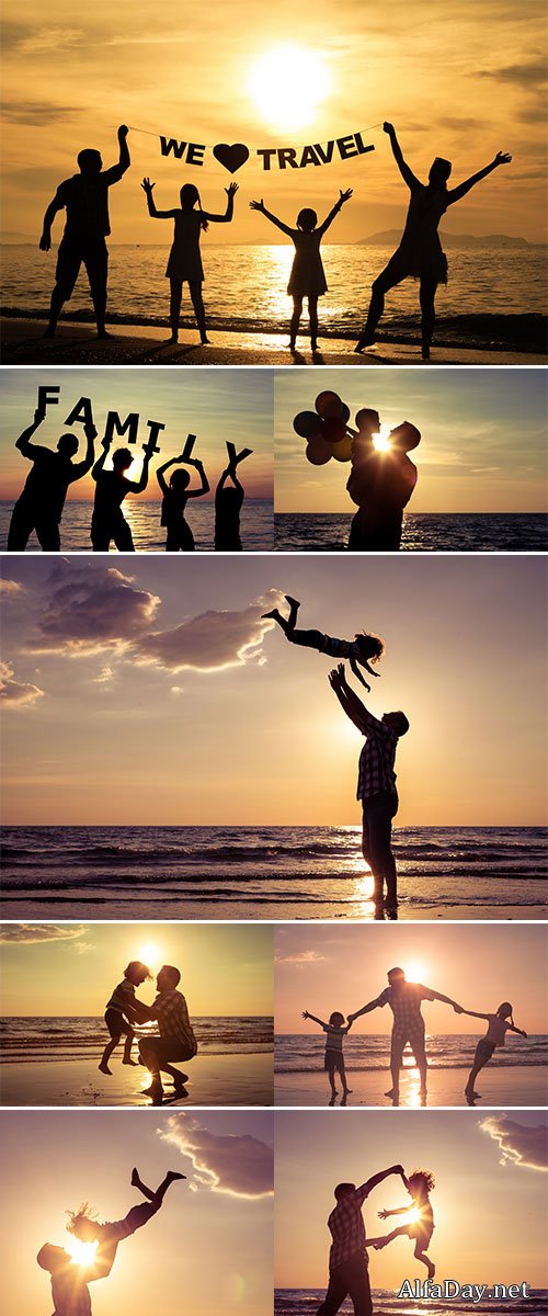  Stock Photos Father and children playing on the beach at the sunset time