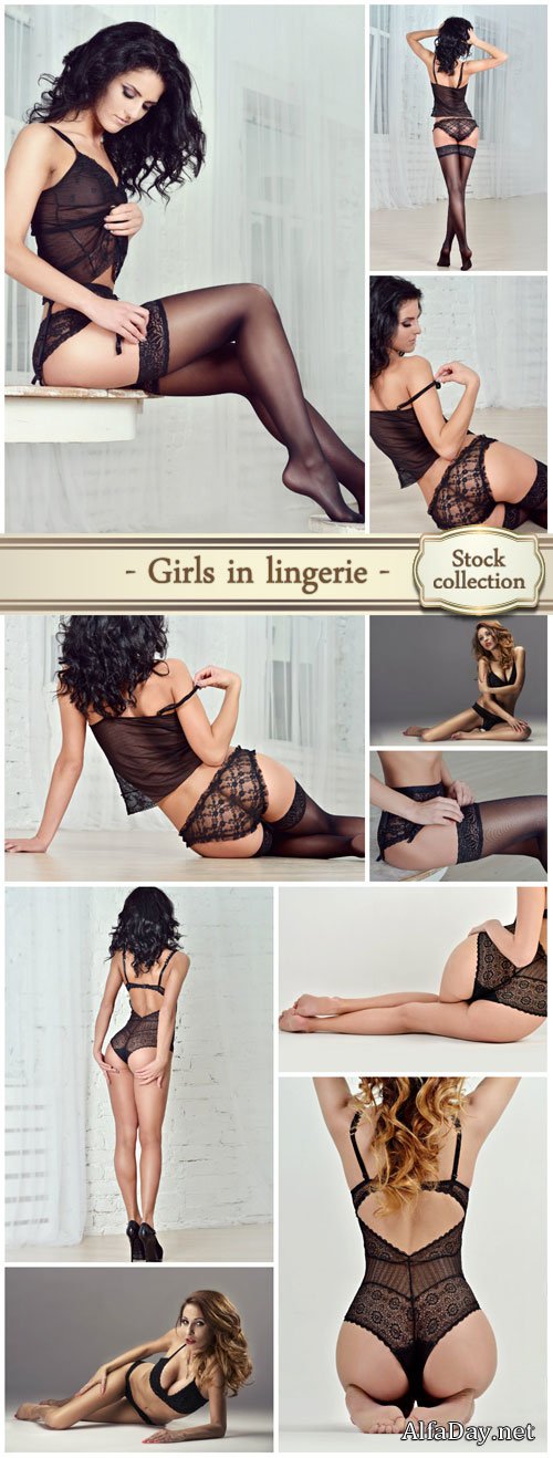 Girls in black lace underwear - stock photos