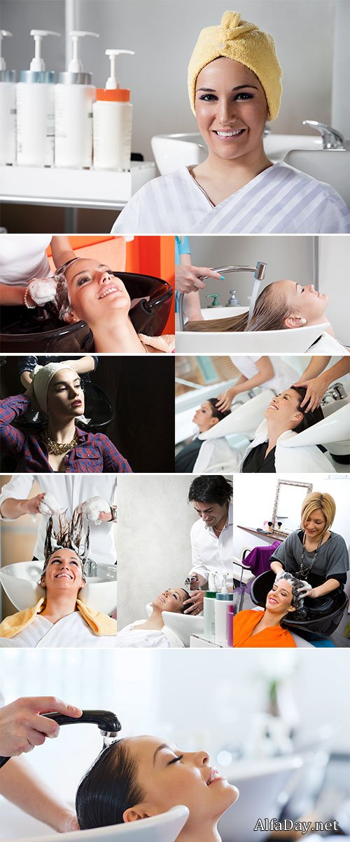 Stock Photos Happy young woman with hairdresser washing head at hair salon