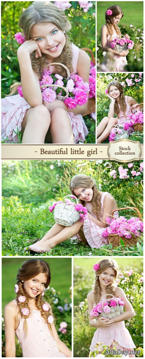 Beautiful little girl with wreath of roses on nature - stock photos