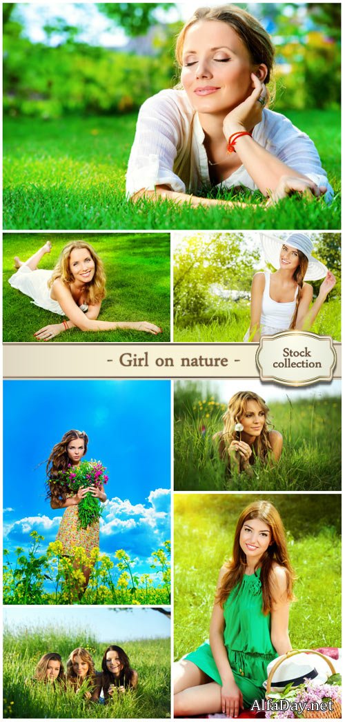 Funny girl on nature - Stock Photo