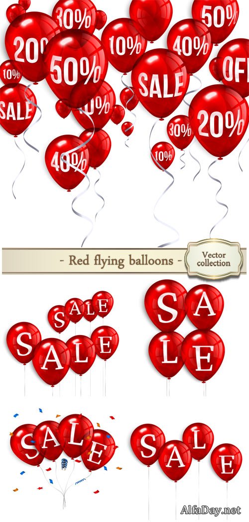 Red flying party balloons with text sale and discount, vector