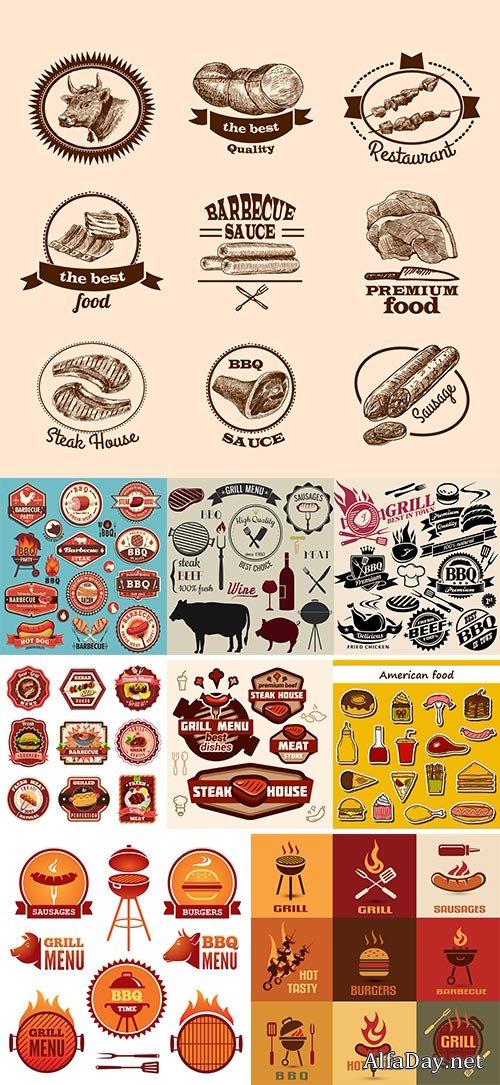 Stock sausages stickers set vectors