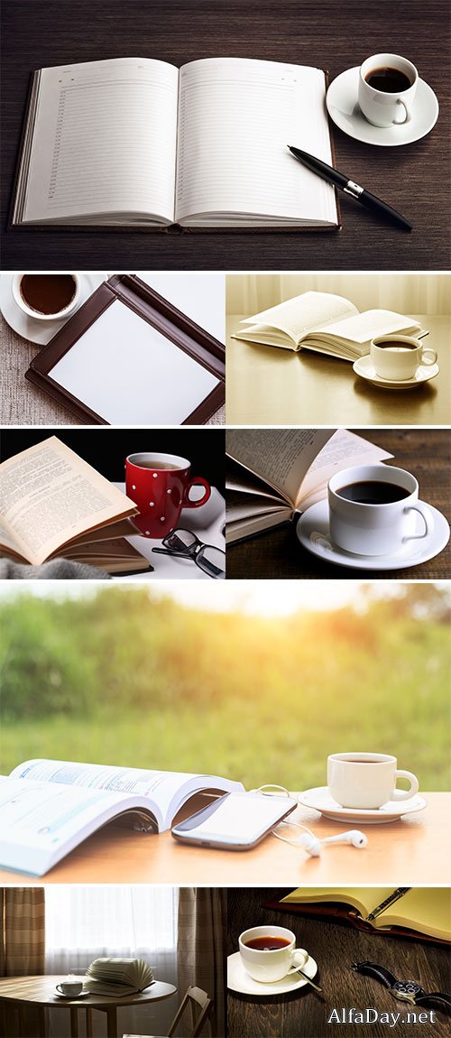 Stock Photos Open book and a cup of hot drink on a table