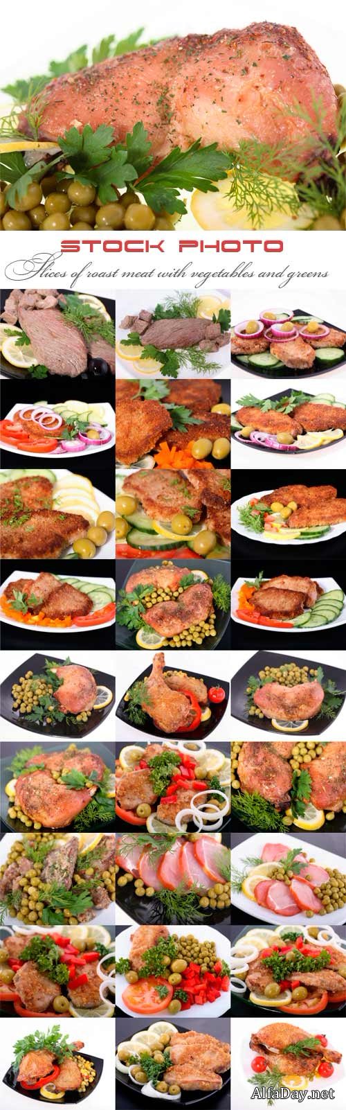 Slices of roast meat with vegetables and greens on a plate